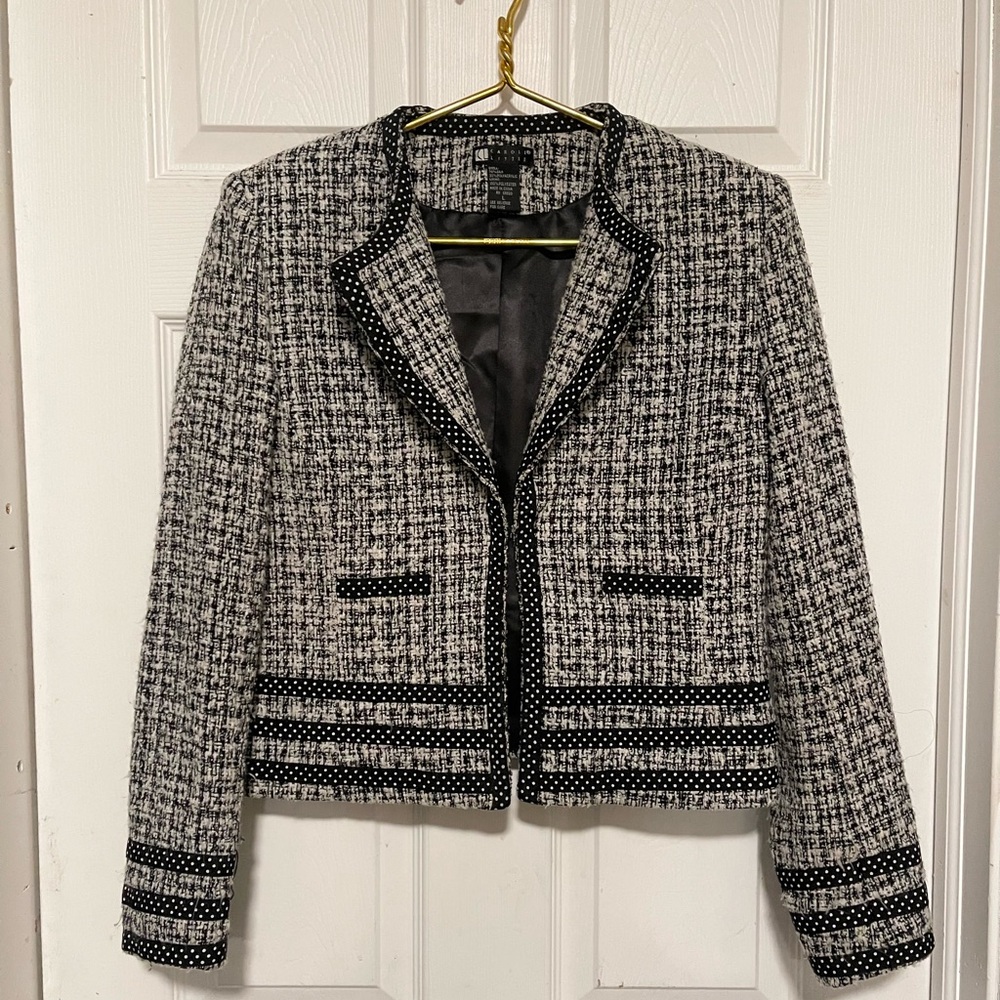 Vintage Carole Little black/ white blazer tweed polka dot detail silk blend Sz L